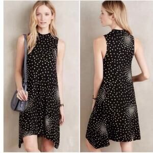 Anthropologie Maeve Lilt‎ Polka Dot Black Cream Mock Neck Swing Dress Size Small